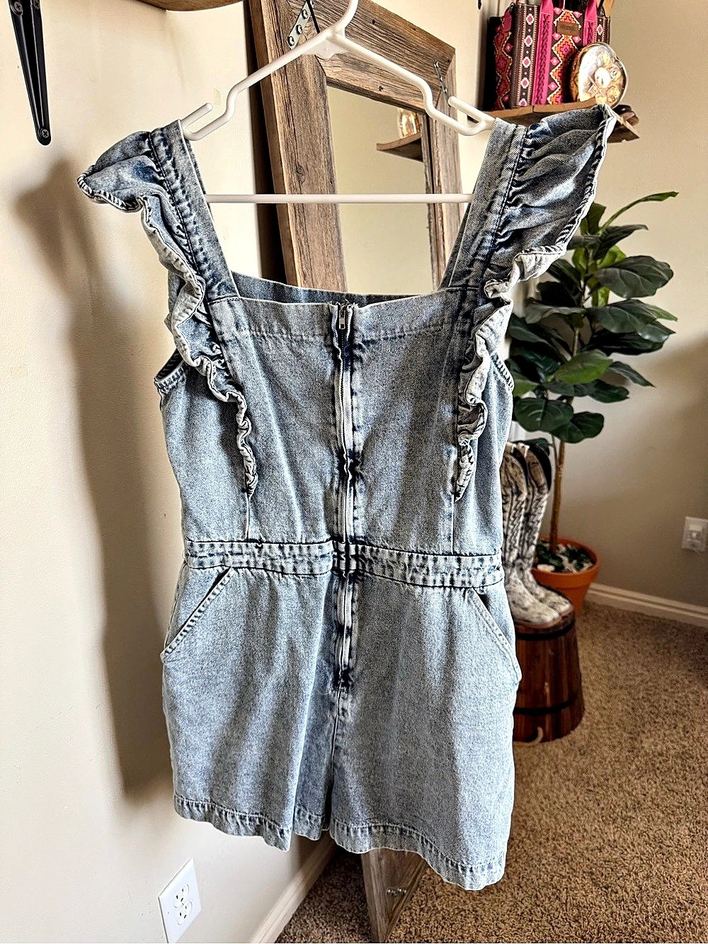 GILLI Montgomery Denim Romper Ruffle Strap Romper in Blue